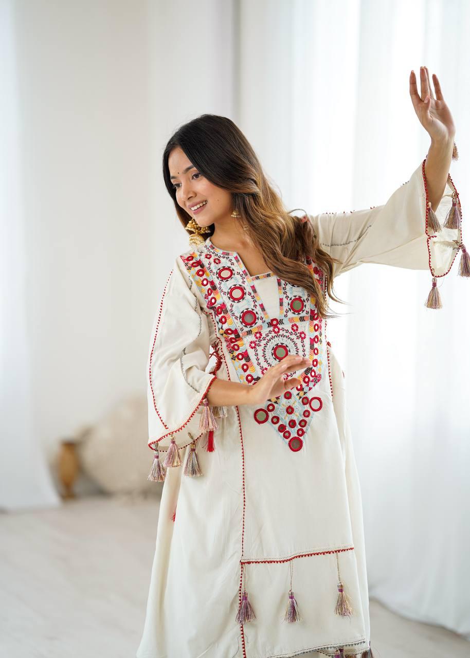 Women Beautiful Thread Work Pure Khadi Cottan Fabric with Flared Kurta, Palazzo Set