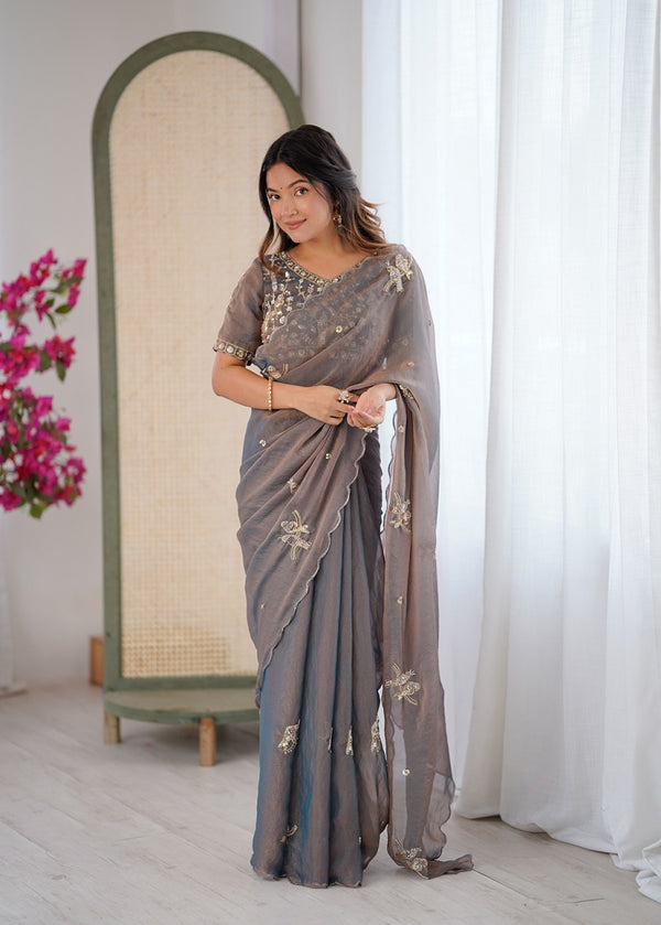 Grey Heavy Fendy satin With Birds Embroidered Beads Work saree With Unstitched Blouse