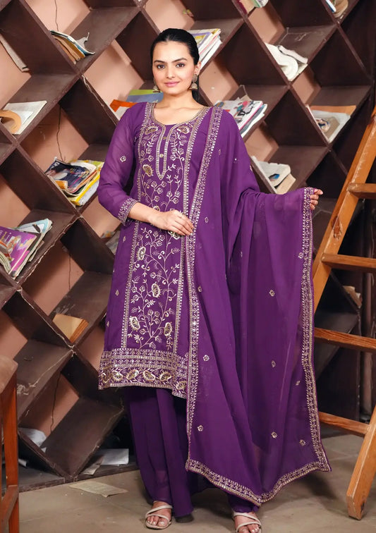 Women's Fox Georgette fabric Embroidery work Kurta with Sharara and Dupatta set 82