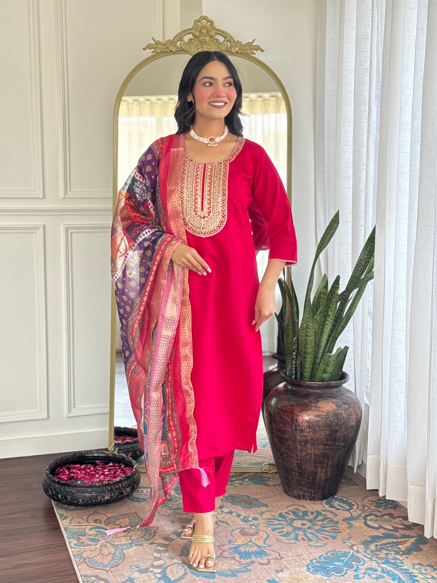 Gorgeous Embroidery Chanderi Silk Fabric Straight Kurta Pant with Dupatta Set