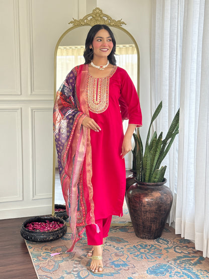 Gorgeous Embroidery Chanderi Silk Fabric Straight Kurta Pant with Dupatta Set