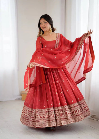 Women's Beautiful Embroidery Work Crunchy Silk Fabric Flared Anarkali and Dupatta Set
