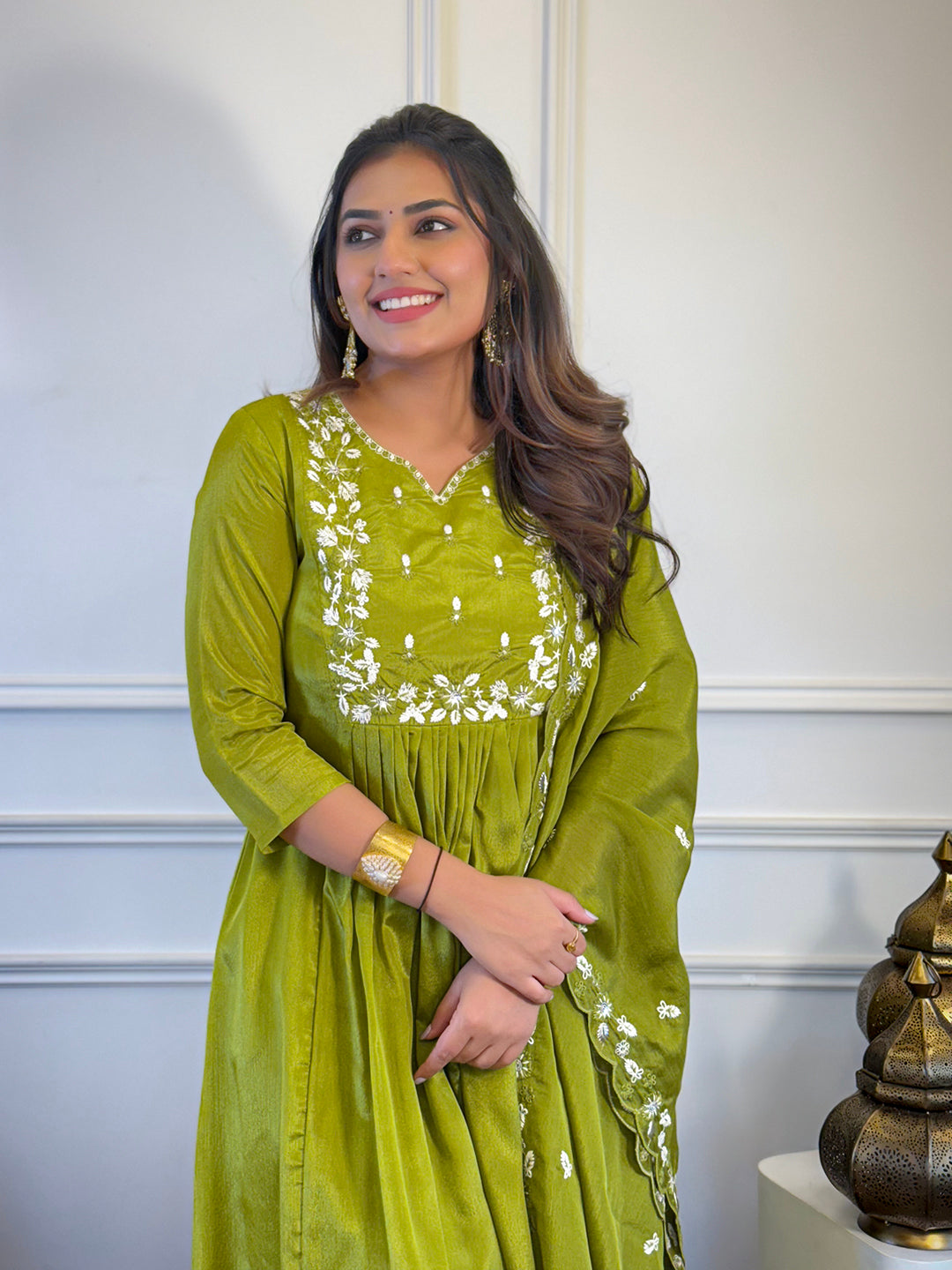 Women's Gorgeous Chinon Embroidery Straight Kurta with Pant And Dupatta Set