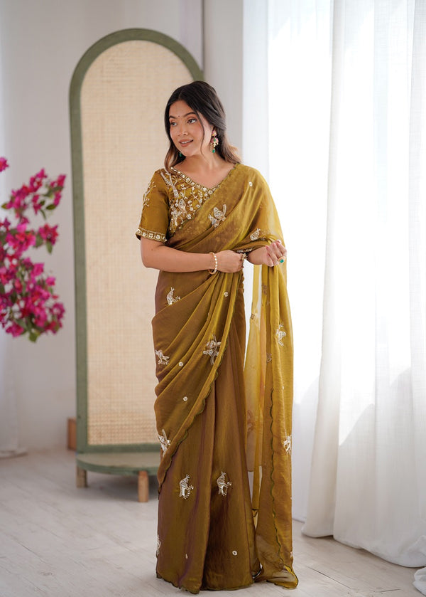 Mehendi Heavy Fendy satin With Birds Embroidered Beads Work saree With Unstitched Blouse