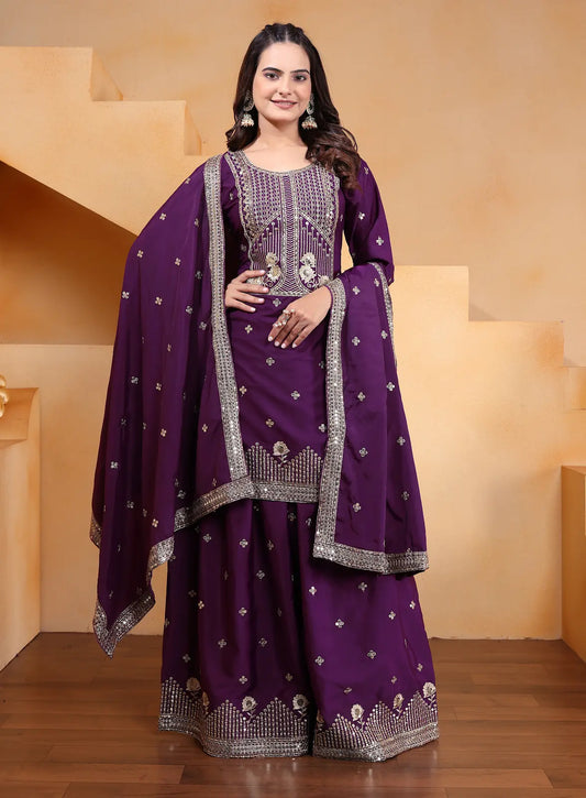 Women's Gorgeous Embroidery Work Natural Crep Fabric Straight Kurta Sharara and Dupatta Set