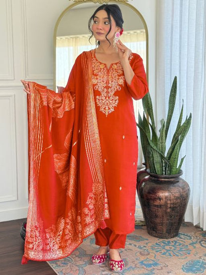 Women Gorgeous Roman Silk Fabric Straight Kurta, Pant and Dupatta Set M