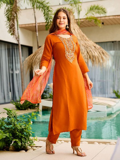 Women's Gorgeous Embroidery work Rayon Fabric Straight Kurta, Pant and Dupatta Set