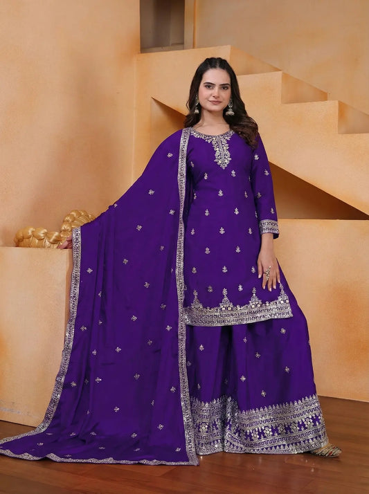 Women's Gorgeous Embroidery Work Chinon Fabric Straight Kurta Sharara and Dupatta Set 119