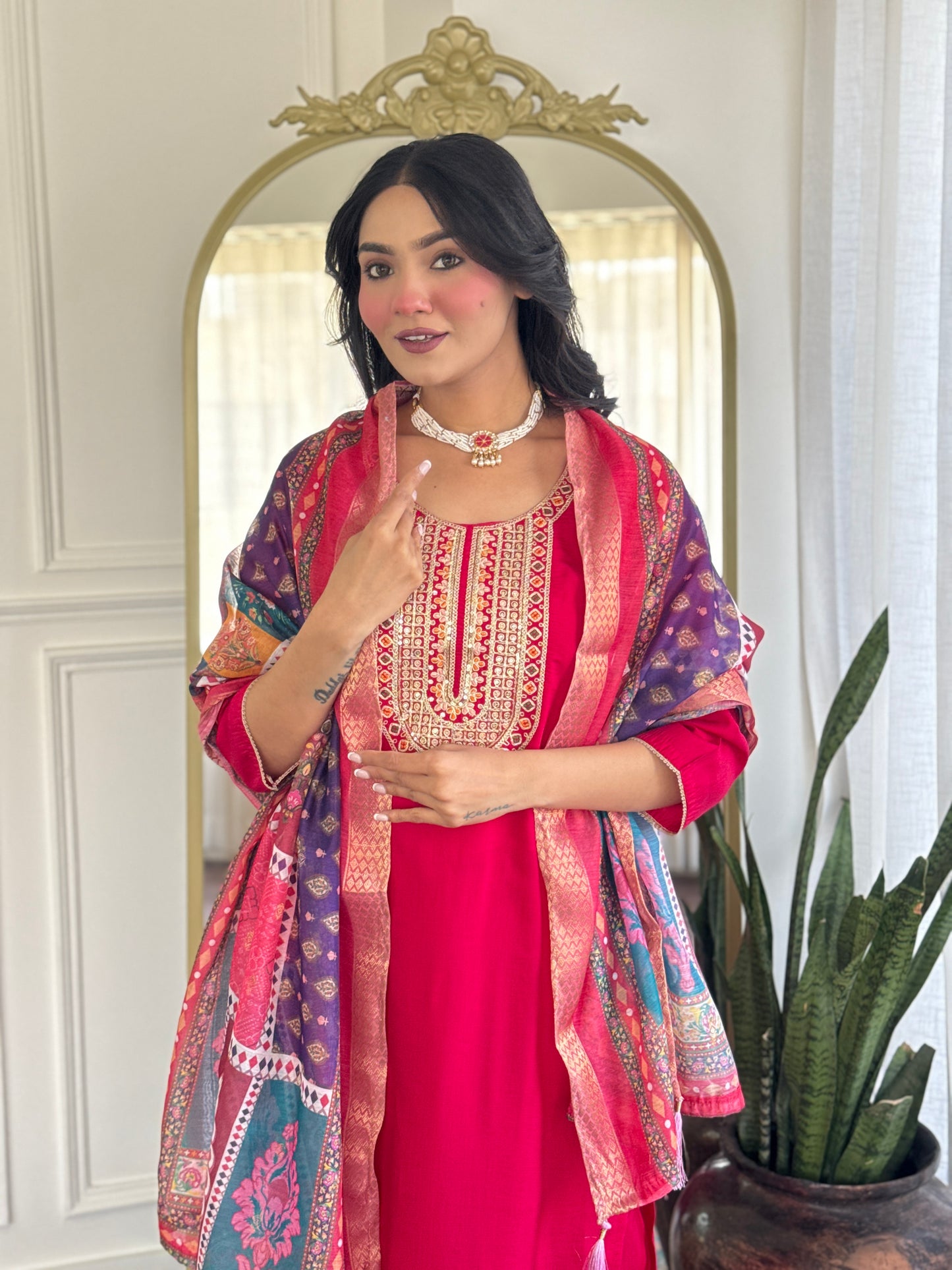 Gorgeous Embroidery Chanderi Silk Fabric Straight Kurta Pant with Dupatta Set