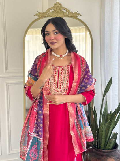 Gorgeous Embroidery Chanderi Silk Fabric Straight Kurta Pant with Dupatta Set