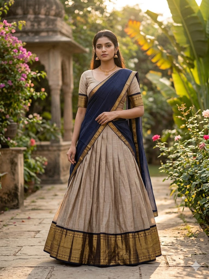 Cream Kanchi Cotton Zari Weaving Work Semi-stitched Lehenga Choli with Dupatta