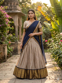 Cream Kanchi Cotton Zari Weaving Work Semi-stitched Lehenga Choli with Dupatta