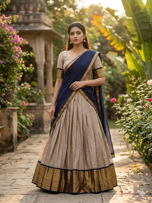 Cream Kanchi Cotton Zari Weaving Work Semi-stitched Lehenga Choli with Dupatta