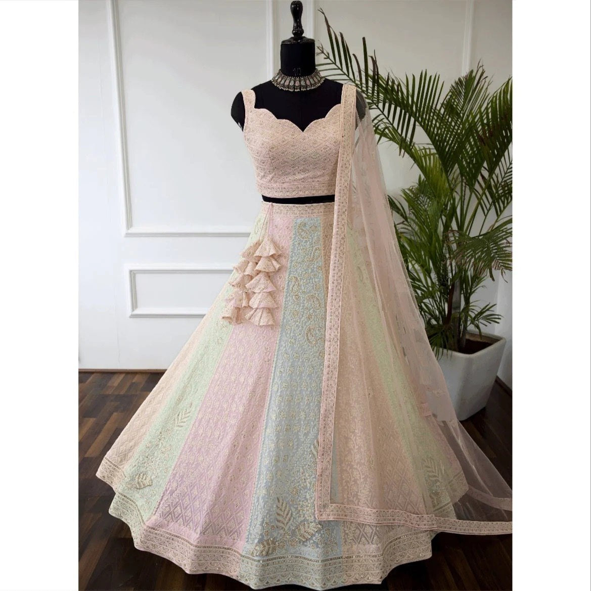 Designer Peach Embroidered Bridal Lehenga Choli Set with Net Dupatta