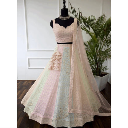 Designer Peach Embroidered Bridal Lehenga Choli Set with Net Dupatta
