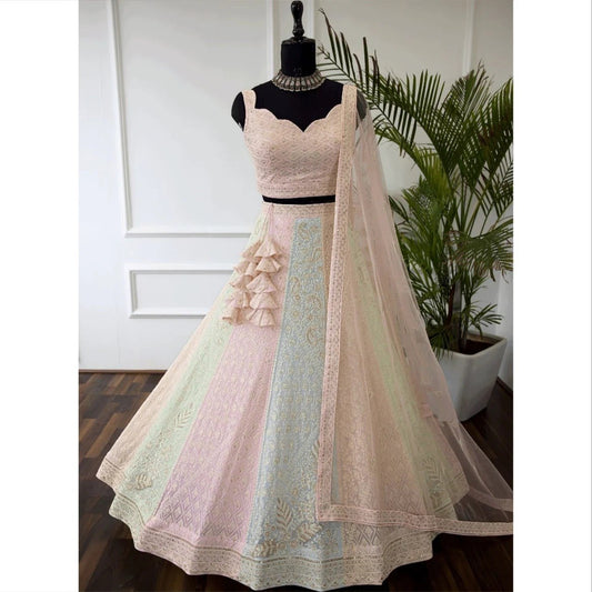 Designer Peach Embroidered Bridal Lehenga Choli Set with Net Dupatta