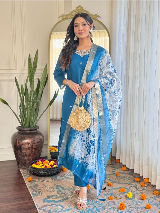 Women's Beautiful Roman Silk Embroidered Straight Kurta with Pant And Dupatta Set