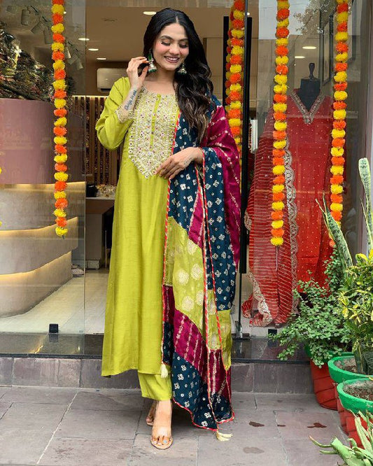 Women's Gorgeous Embroidery Viscose Chanderi Fabric Stright Kurta Pant with Dupatta Set Kriti
