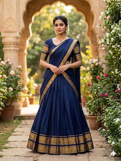 Navyblue Kanchi Cotton Zari Weaving Work Semi-stitched Lehenga Choli with Dupatta