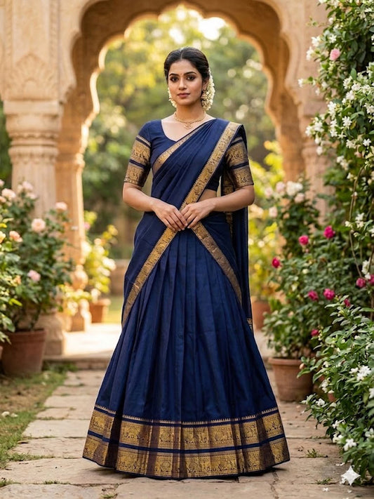 Navyblue Kanchi Cotton Zari Weaving Work Semi-stitched Lehenga Choli with Dupatta