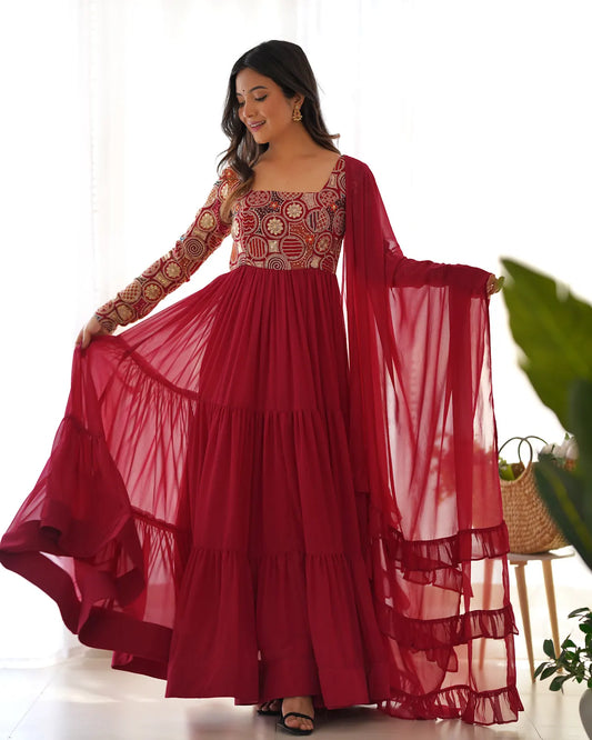 Women's Beautiful Embroidery Work Faux Georgette Fabric Flared Anarkali Pant and Dupatta Set