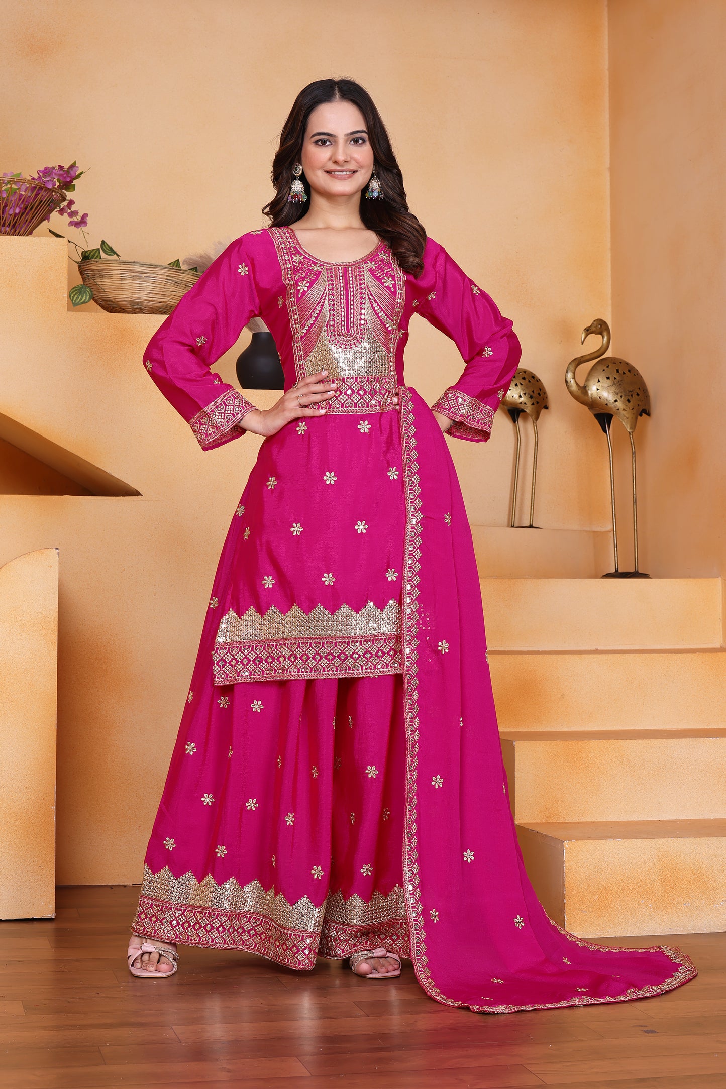 Women's Gorgeous Embroidery Work Chinon Fabric Straight Kurta Sharara and Dupatta Set 117