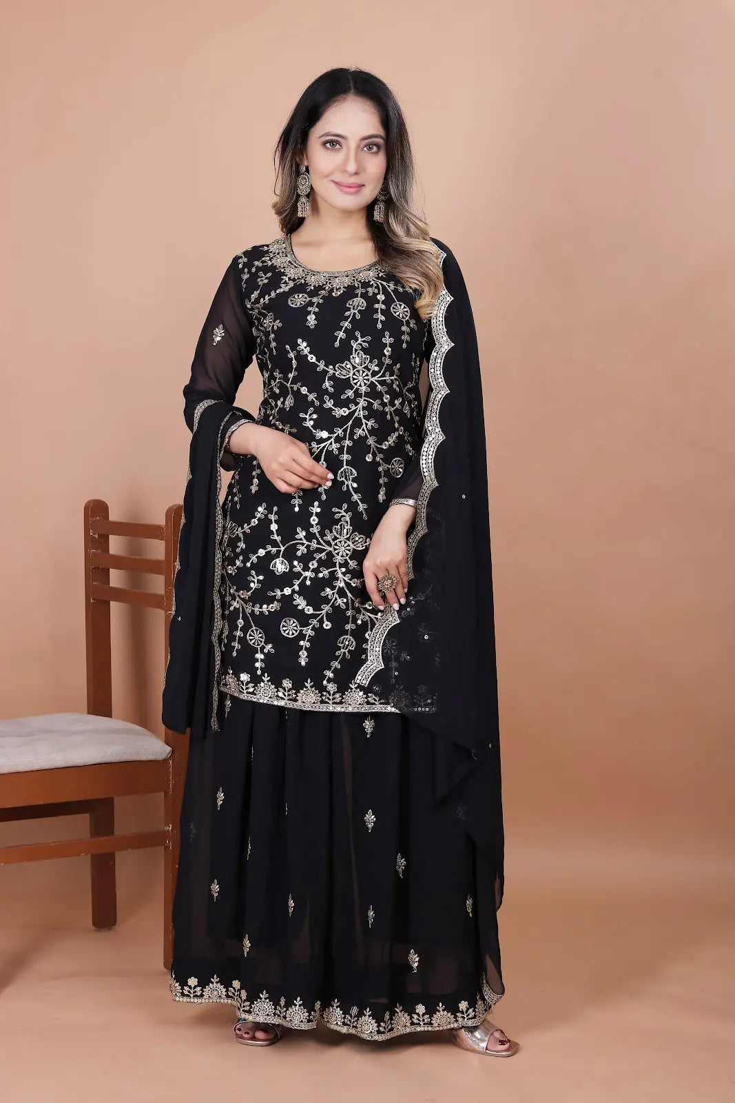 Women's Gorgeous Embroidery Work Fox Georgette Fabric Straight Kurta Sharara and Dupatta Set