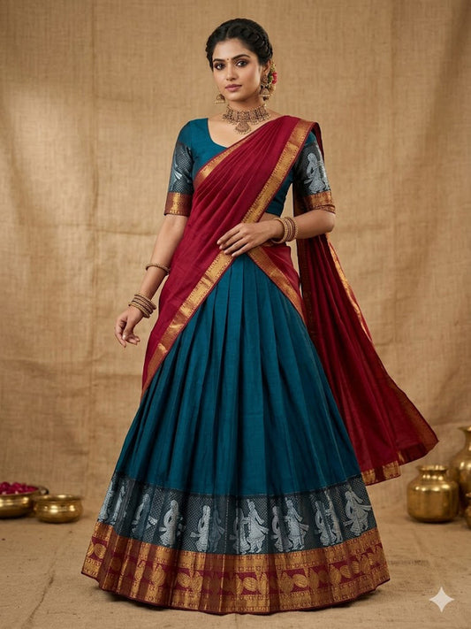 Rama Kanchi Cotton Zari Weaving Work Semi-stitched Lehenga Choli with Dupatta