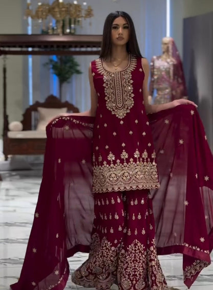 Heavy Fox Georgette Embroidery work Kurta with Sharara and Dupatta set