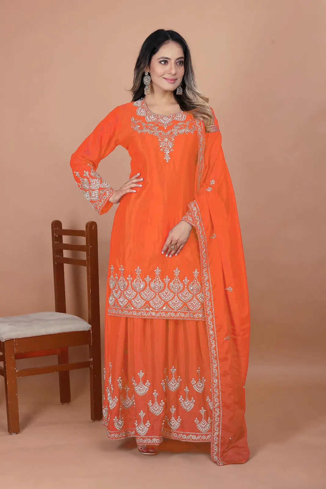 Women's Gorgeous Embroidery Work Chinon Fabric Straight Kurta Sharara and Dupatta Set