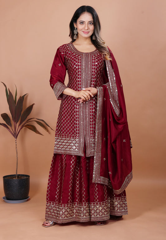 Women's Gorgeous Embroidery Chinon Fabric Straight Kurta Sharara and Dupatta Set