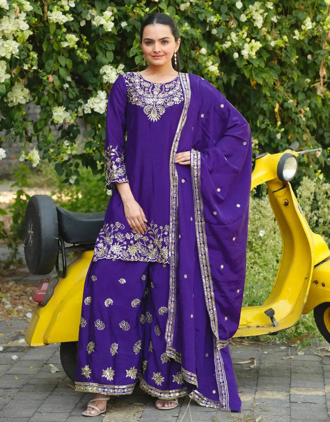 Women's Beautiful Embroidery Work Chinon Fabric Straight Kurta Sharara and Dupatta Set