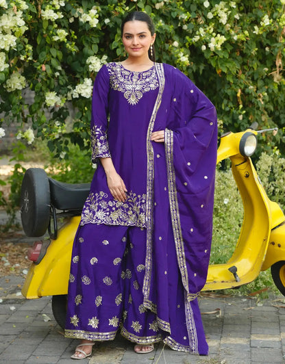 Women's Beautiful Embroidery Work Chinon Fabric Straight Kurta Sharara and Dupatta Set