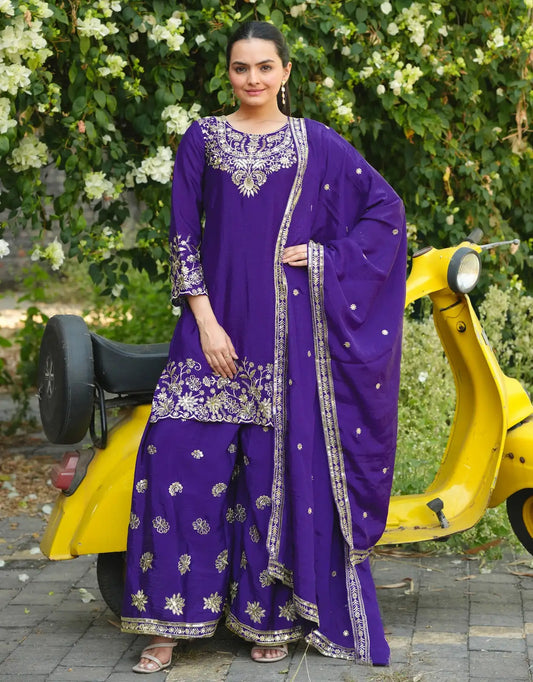 Women's Beautiful Embroidery Work Chinon Fabric Straight Kurta Sharara and Dupatta Set