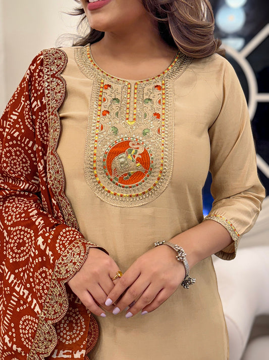 Women's Gorgeous Viscose Embroidery Straight Kurta with Pant And Dupatta Set 637 Chiku
