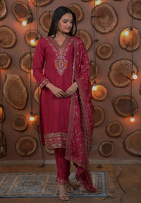 Women's Gorgeous Embroidery Work Chinon Fabric Straight Kurta Pant and Dupatta Set