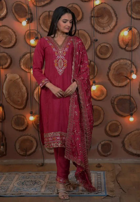 Women's Gorgeous Embroidery Work Chinon Fabric Straight Kurta Pant and Dupatta Set
