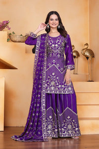 Women's Gorgeous Embroidery Work Chinon Silk Fabric Straight Kurta Sharara and Dupatta Set