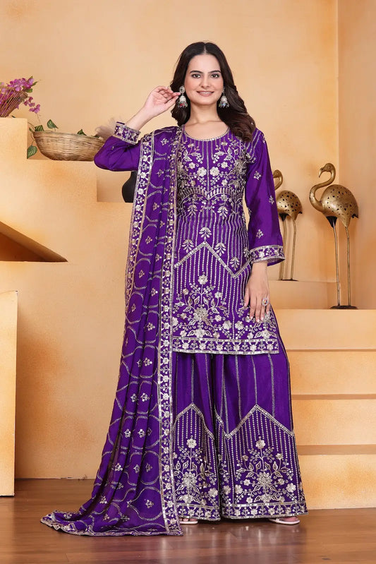 Women's Gorgeous Embroidery Work Chinon Silk Fabric Straight Kurta Sharara and Dupatta Set