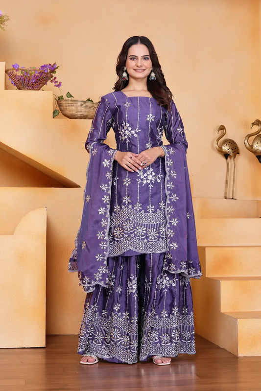 Women's Gorgeous Embroidery Work Chinon Fabric Straight Kurta Sharara and Dupatta Set 11