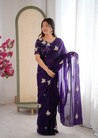 Purple Heavy Fendy satin With Butterfly Embroidered Beads Work saree With Unstitched Blouse