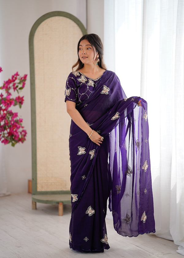 Purple Heavy Fendy satin With Butterfly Embroidered Beads Work saree With Unstitched Blouse