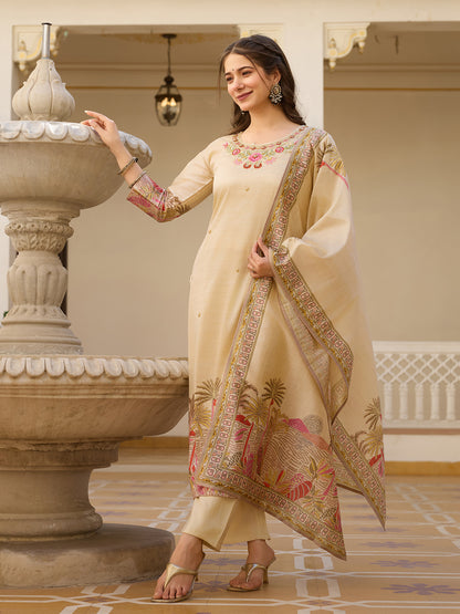 Viscose Assam Silk Fabric Straight Kurta, Pant and Dupatta Set