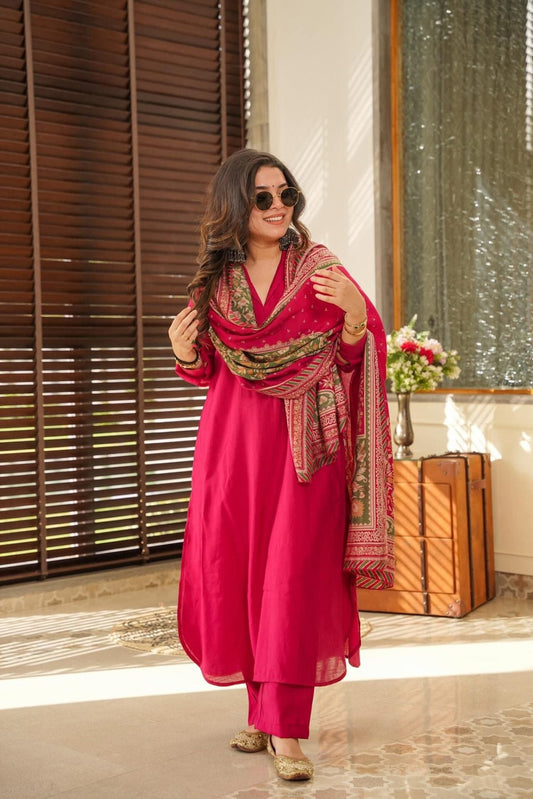 Women's Beautiful South Cotton Fabric Straight Kurta with Pant And Dupatta Set