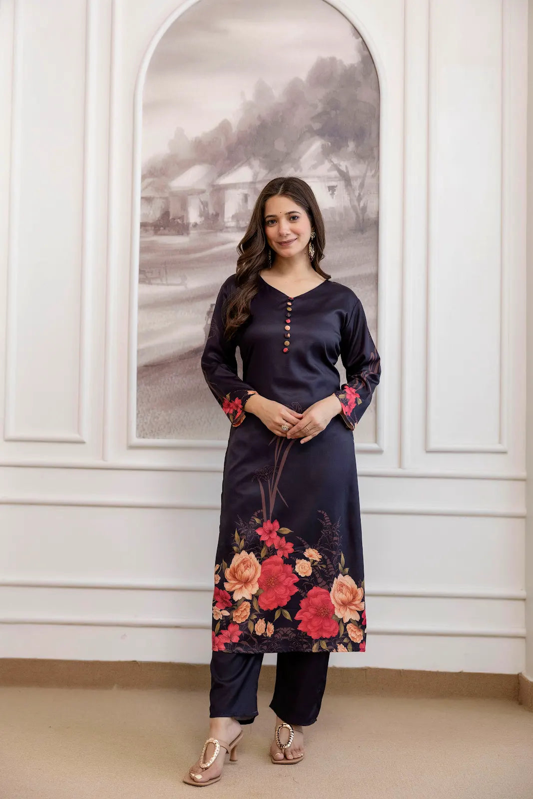 Women's Beautiful Soft Assam Fabric Printed Work A-line Kurta Pant and Dupatta Set