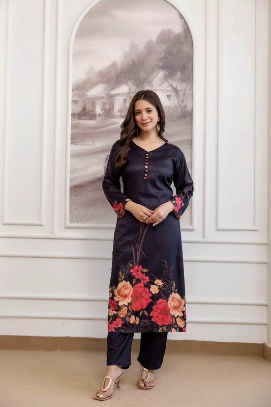 Women's Beautiful Soft Assam Fabric Printed Work A-line Kurta Pant and Dupatta Set