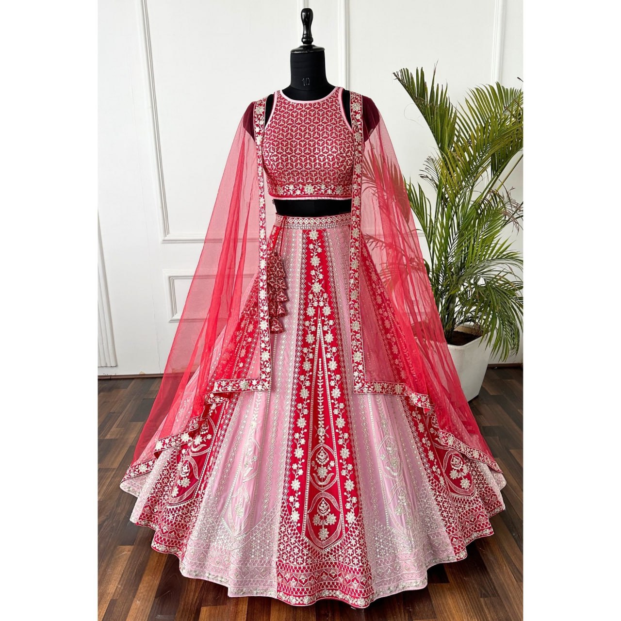 Designer Red Embroidered Bridal Lehenga Choli Set with Net Dupatta