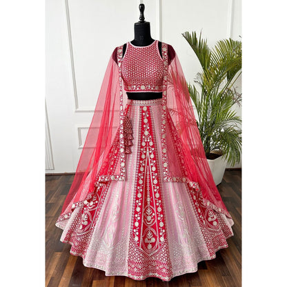 Designer Red Embroidered Bridal Lehenga Choli Set with Net Dupatta
