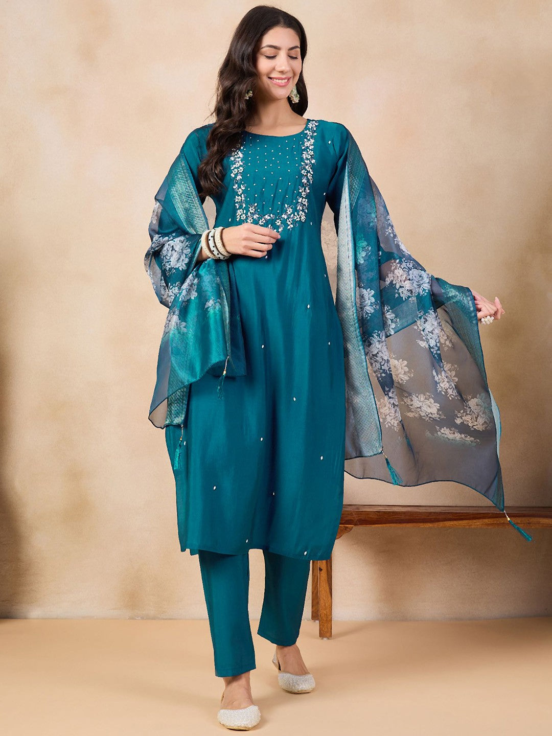 Printed Viscose Rayon Fabric Straight Kurta, Pant and Dupatta Set