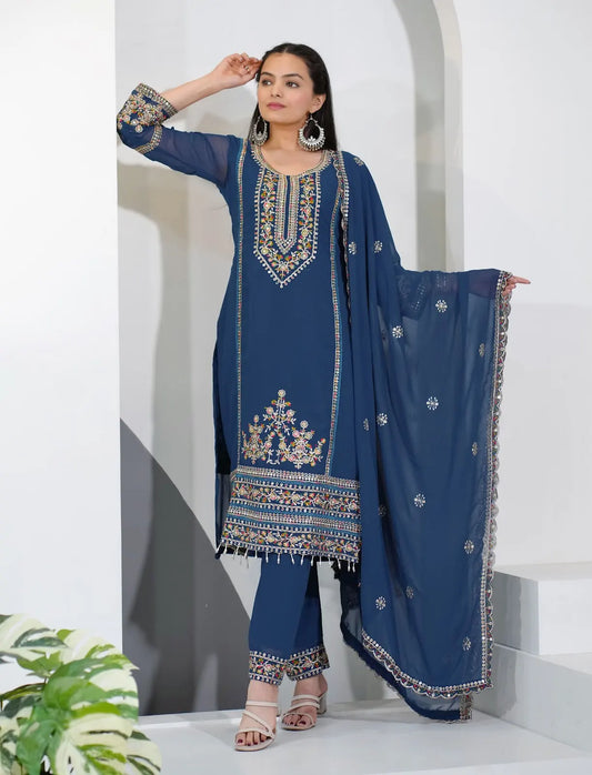 Women's Beautiful Embroidery Fox Georgette Fabric Straight Kurta Pant and Dupatta Set 95